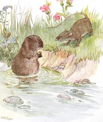 „Called on Squire Water Rat, a család régi barátja”, illusztráció a „The Mischievous Mouse Book” című könyvből, Thomas Nelson und Sons, 1920-as évek